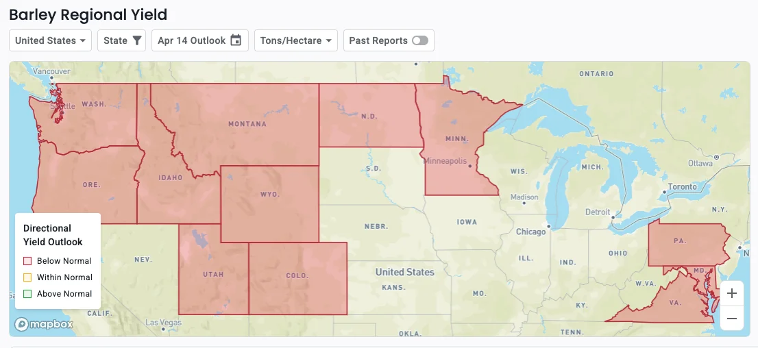 A map showing a map of the US and a below average yield season for barley.